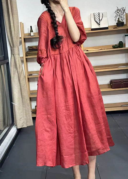 Unique Purple V Neck Lace Pockets Patchwork Cotton Dresses Summer OO038 OM-CS240814