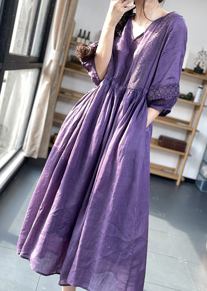Unique Purple V Neck Lace Pockets Patchwork Cotton Dresses Summer OO038 OM-CS240814