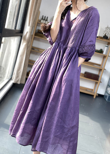 Unique Purple V Neck Lace Pockets Patchwork Cotton Dresses Summer OO038 OM-CS240814