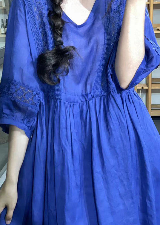 Unique Purple V Neck Lace Pockets Patchwork Cotton Dresses Summer OO038 OM-CS240814