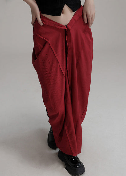 Unique Red Asymmetrical Pockets Cotton Maxi Skirts Summer Ada Fashion