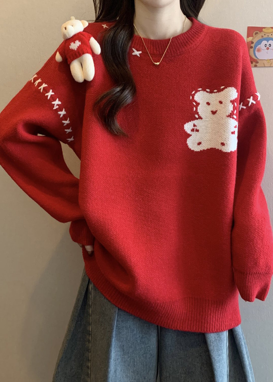 Unique Red O Neck Cartoon Patchwork Knitted Sweaters Winter RG042 ABC