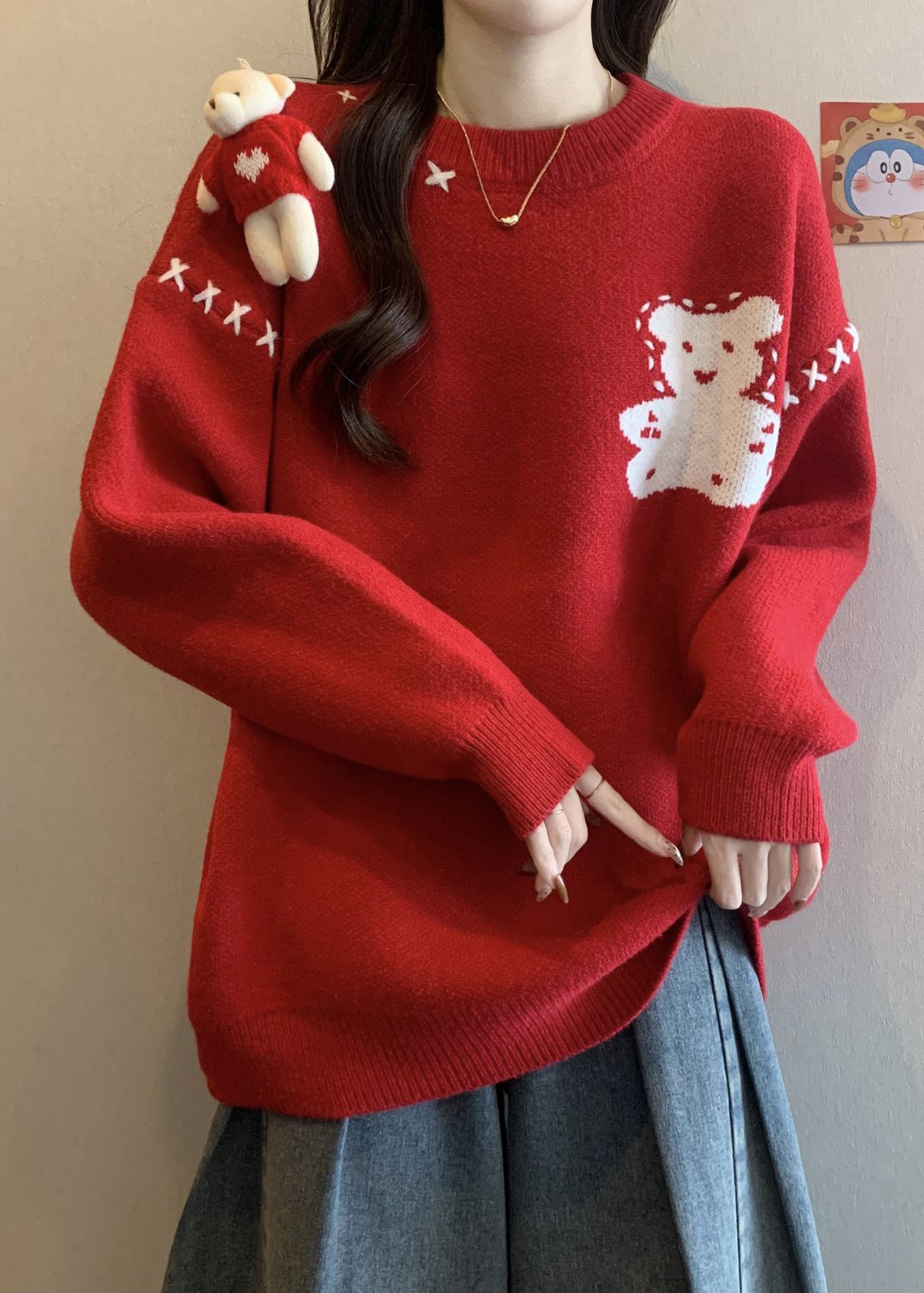 Unique Red O Neck Cartoon Patchwork Knitted Sweaters Winter RG042 ABC