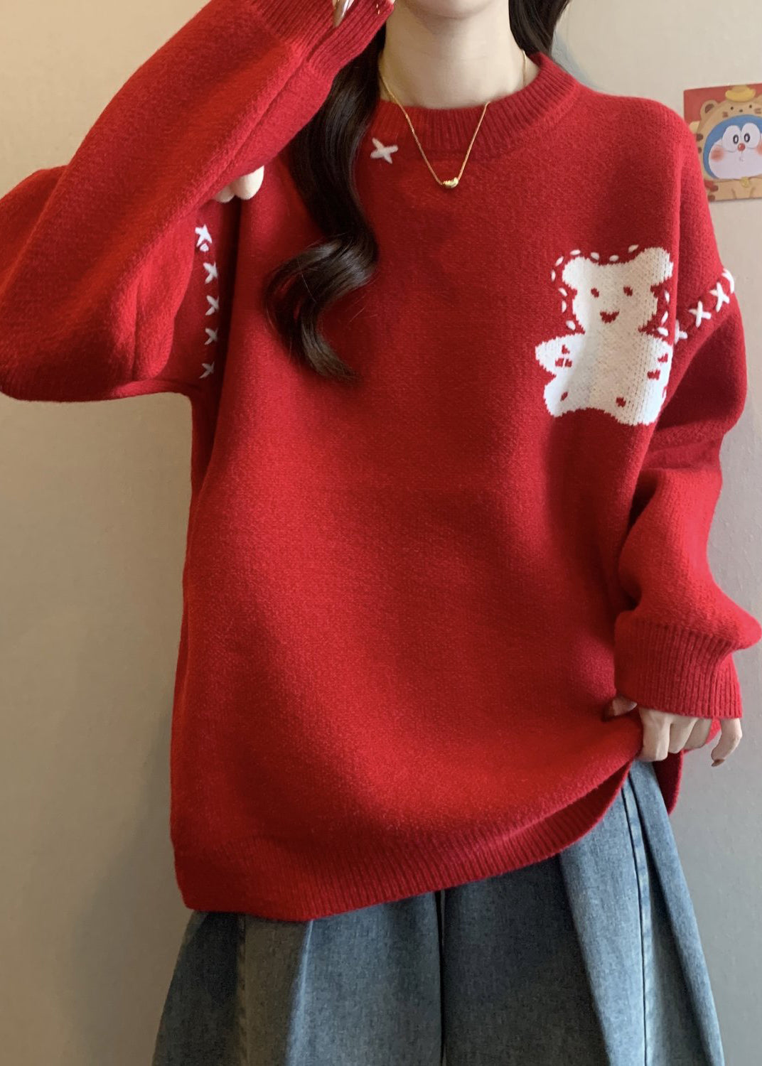 Unique Red O Neck Cartoon Patchwork Knitted Sweaters Winter RG042 ABC