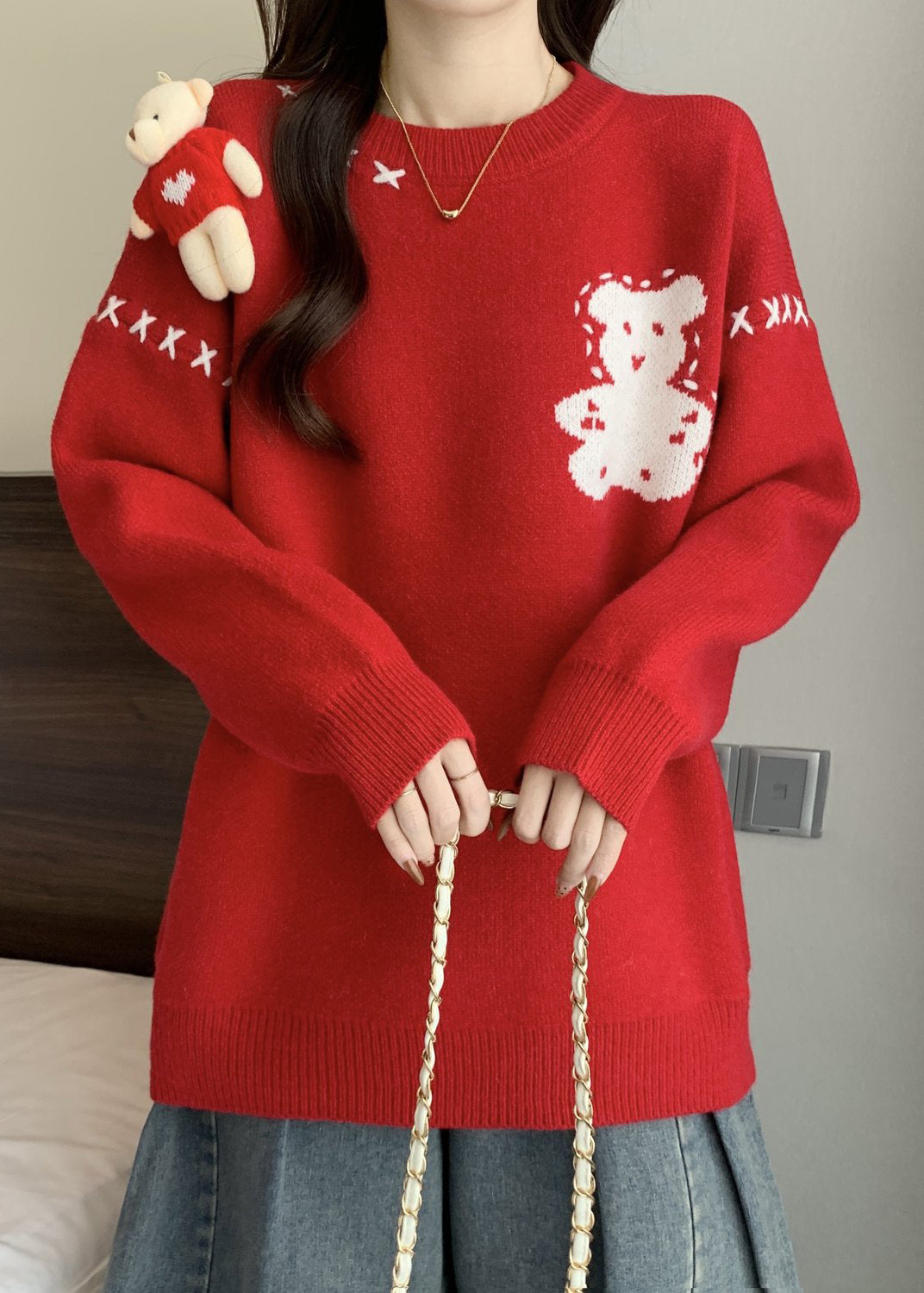 Unique Red O Neck Cartoon Patchwork Knitted Sweaters Winter RG042 ABC