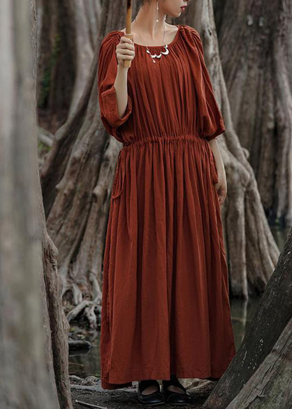 Unique Red O-Neck Drawstring Maxi Dresses Half Sleeve GH1071 Ada Fashion