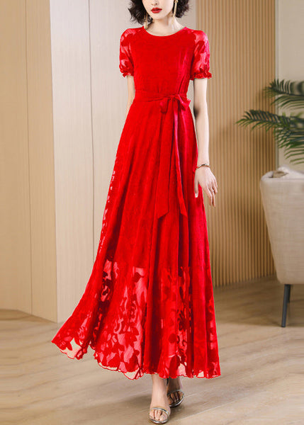 Summer Unique Red Print Dress Neck Up O Lace Chiffon FashionChic