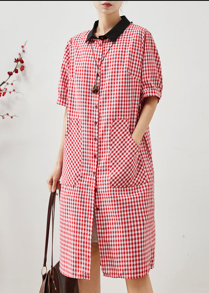 Unique Red Peter Pan Collar Plaid Linen Dresses Summer AP1069 AM-SDL240904