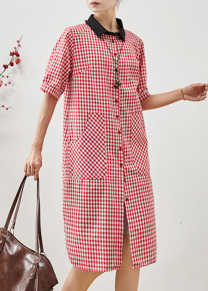 Unique Red Peter Pan Collar Plaid Linen Dresses Summer AP1069 AM-SDL240904