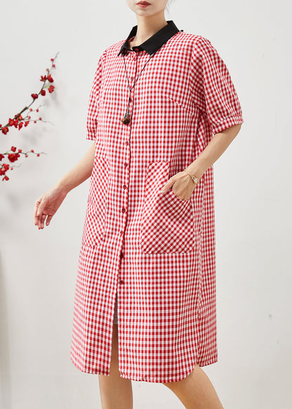 Unique Red Peter Pan Collar Plaid Linen Dresses Summer AP1069 AM-SDL240904