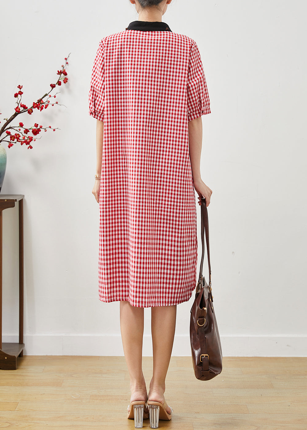 Unique Red Peter Pan Collar Plaid Linen Dresses Summer AP1069 AM-SDL240904