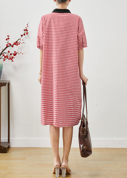 Unique Red Peter Pan Collar Plaid Linen Dresses Summer AP1069 AM-SDL240904