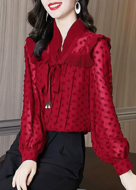 Unique Red Ruffled Jacquard Chiffon Shirts Lantern Sleeve RL031 ABC