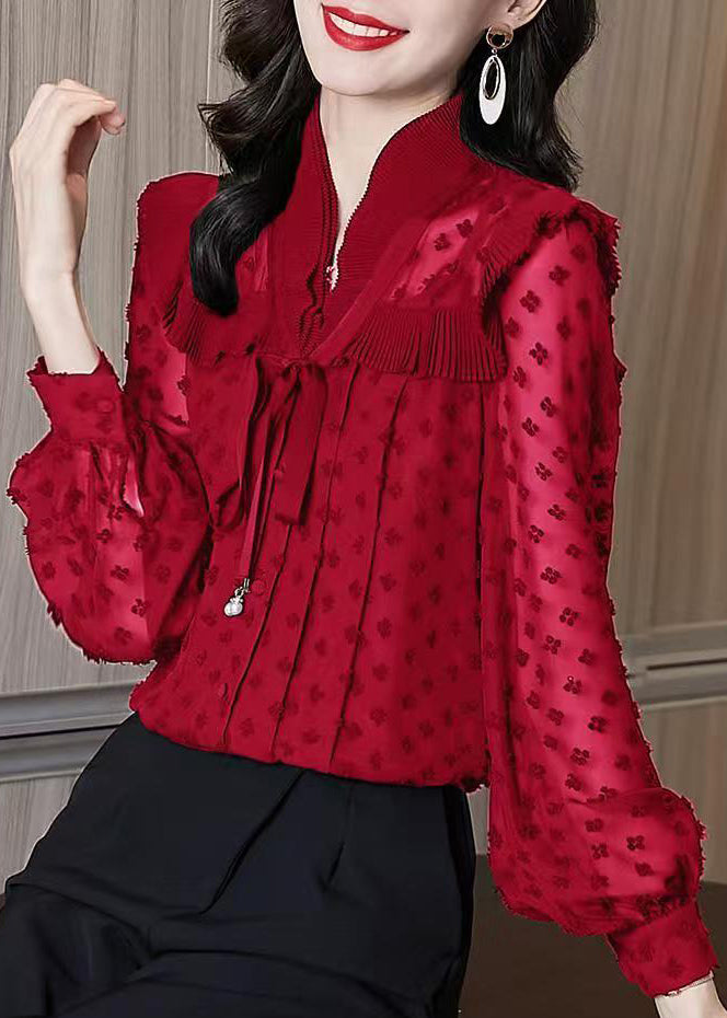 Unique Red Ruffled Jacquard Chiffon Shirts Lantern Sleeve RL031 ABC