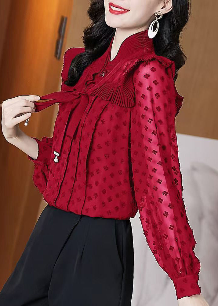 Unique Red Ruffled Jacquard Chiffon Shirts Lantern Sleeve RL031 ABC