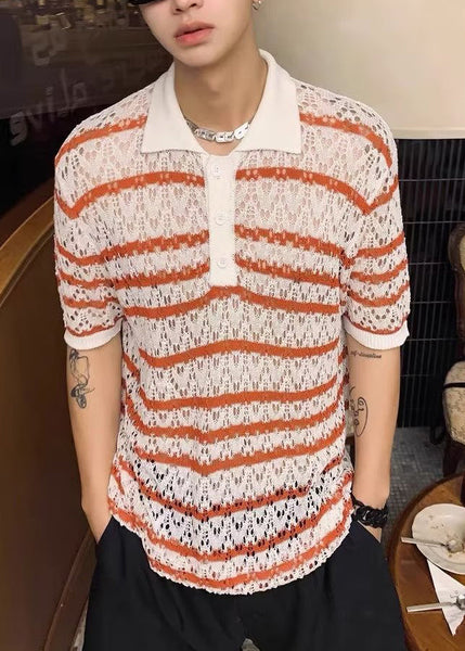 Unique Red Striped Hollow Out Knit Polo Shirts Summer QH005 MENPT241019