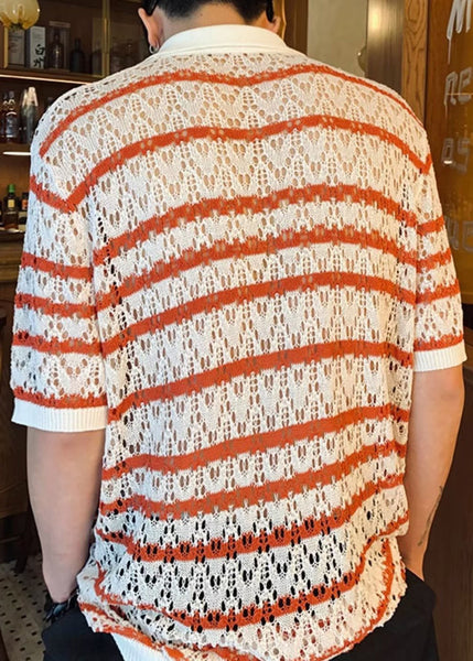 Unique Red Striped Hollow Out Knit Polo Shirts Summer QH005 MENPT241019