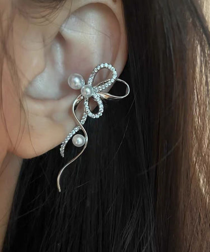 Stud Zircon Unique Ribbon Silk Earrings Pearl Metal Bow FashionChic