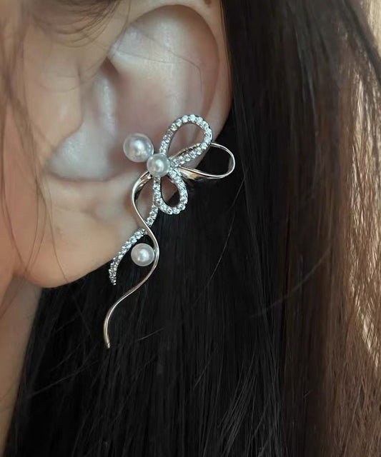 Stud Zircon Unique Ribbon Silk Earrings Pearl Metal Bow FashionChic