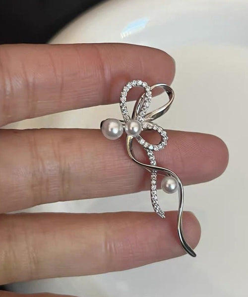 Stud Zircon Unique Ribbon Silk Earrings Pearl Metal Bow FashionChic