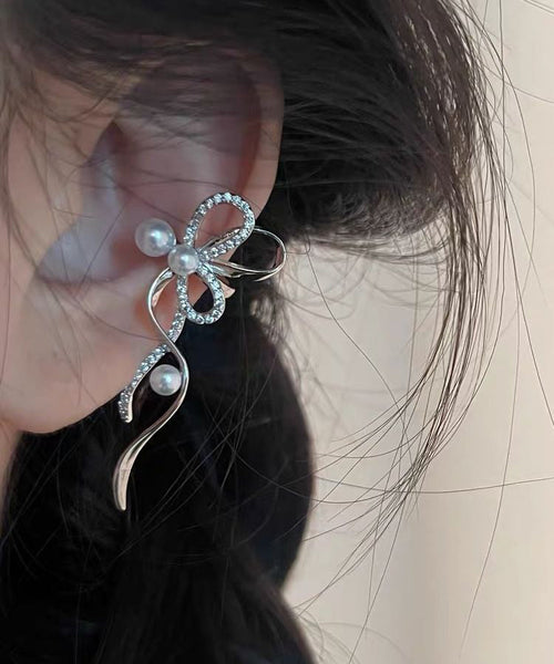Stud Zircon Unique Ribbon Silk Earrings Pearl Metal Bow FashionChic