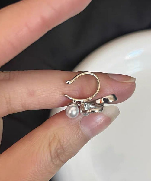 Stud Zircon Unique Ribbon Silk Earrings Pearl Metal Bow FashionChic