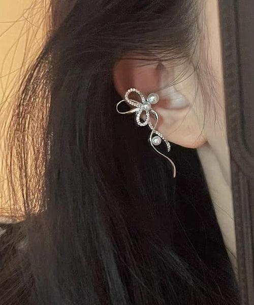 Stud Zircon Unique Ribbon Silk Earrings Pearl Metal Bow FashionChic