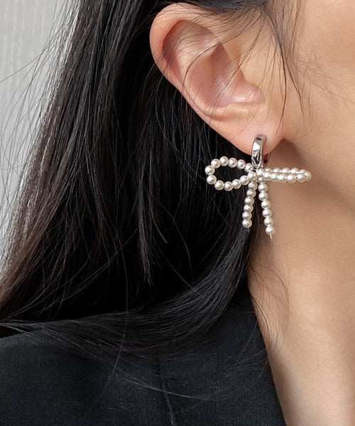 Silver Unique Bow Stud Sterling Beads Silk Earrings FashionChic