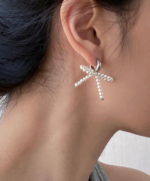 Silver Unique Bow Stud Sterling Beads Silk Earrings FashionChic