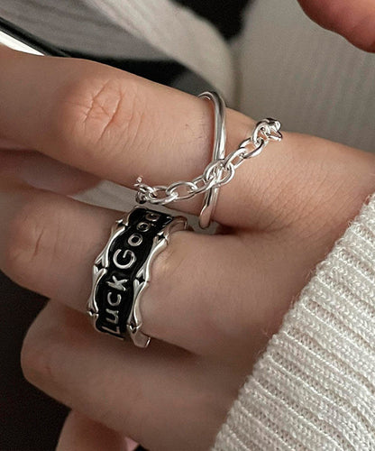 Patchwork Rings Set Unique Two-Piece Sterling Graphic Silk Silver FashionChic