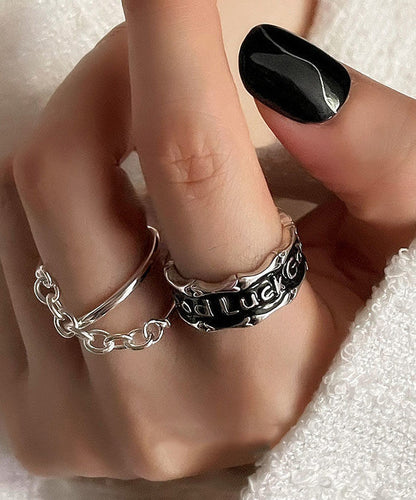 Patchwork Rings Set Unique Two-Piece Sterling Graphic Silk Silver FashionChic