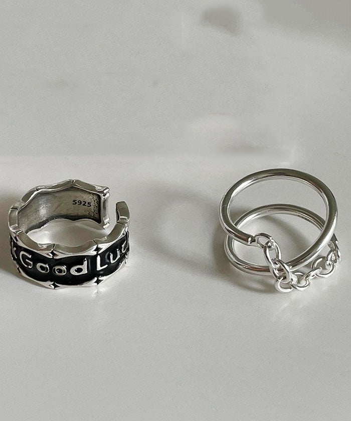 Patchwork Rings Set Unique Two-Piece Sterling Graphic Silk Silver FashionChic