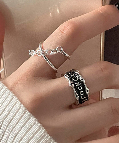 Patchwork Rings Set Unique Two-Piece Sterling Graphic Silk Silver FashionChic