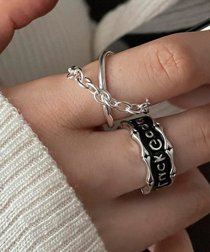 Patchwork Rings Set Unique Two-Piece Sterling Graphic Silk Silver FashionChic