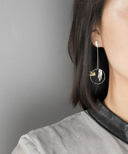 Unique Silk Sterling Silver Little Bird Leaf Drop Earrings QQ009 JEW-EAR240811