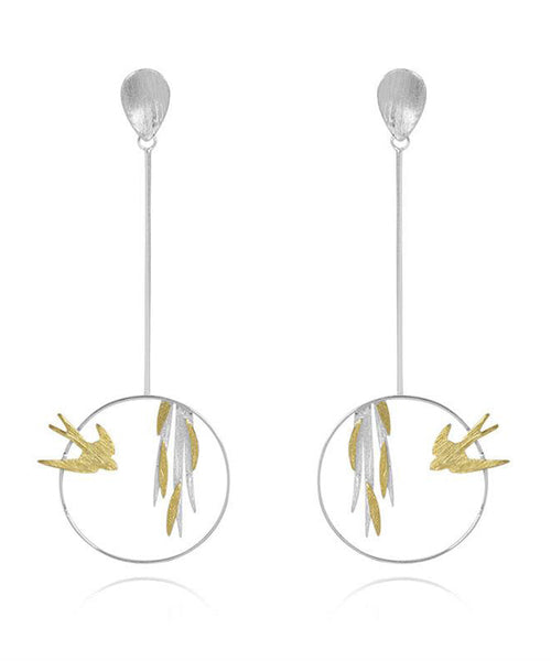Unique Silk Sterling Silver Little Bird Leaf Drop Earrings QQ009 JEW-EAR240811