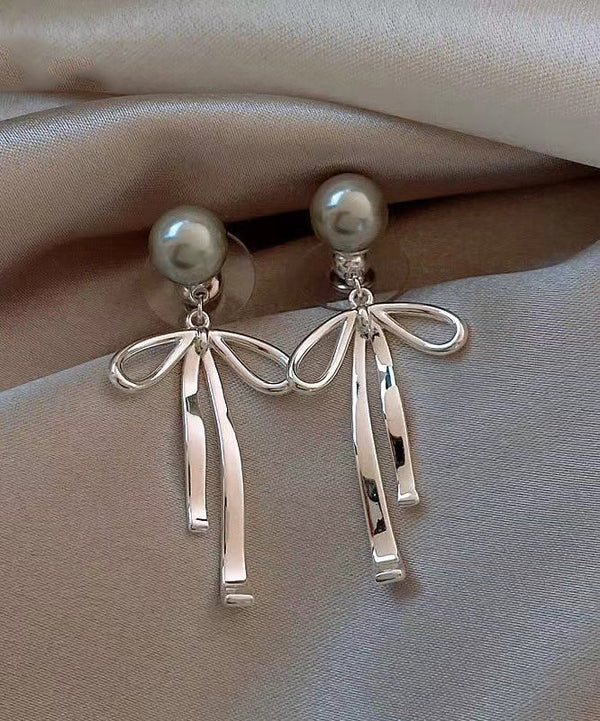 Unique Silk Sterling Silver Metal Pearl Bow Drop Earrings GH1015 Ada Fashion