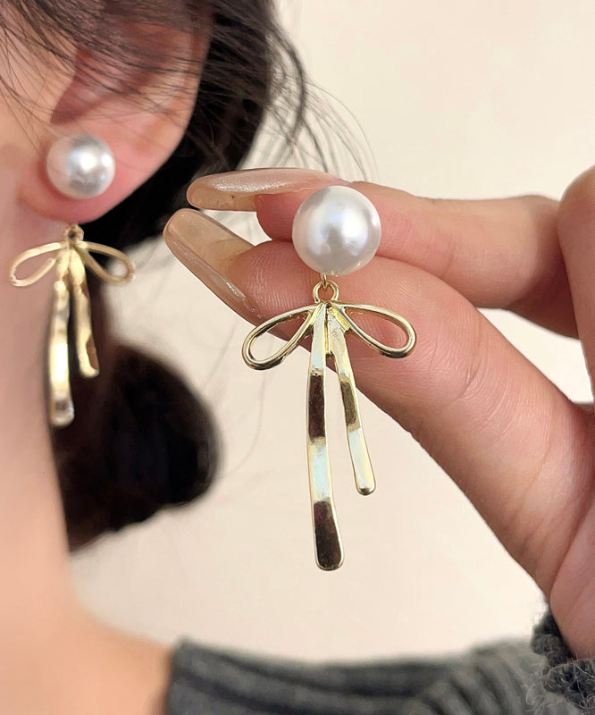 Unique Silk Sterling Silver Metal Pearl Bow Drop Earrings GH1015 Ada Fashion