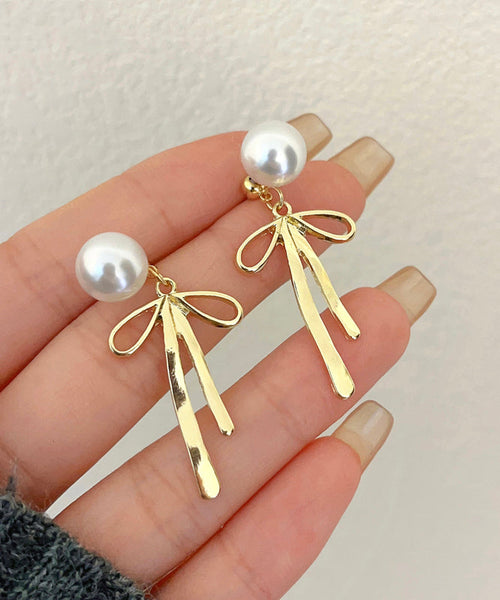 Unique Silk Sterling Silver Metal Pearl Bow Drop Earrings GH1015 Ada Fashion