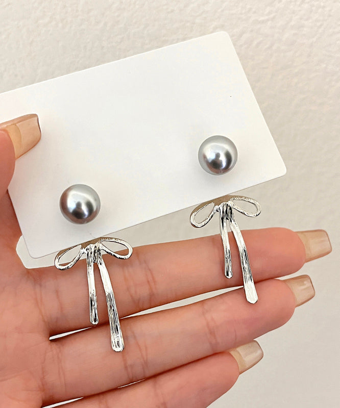 Unique Silk Sterling Silver Metal Pearl Bow Drop Earrings GH1015 Ada Fashion