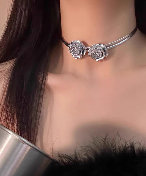 Unique Silk Sterling Silver Rose Bilayer Choker PO060 JEW-NLC240729