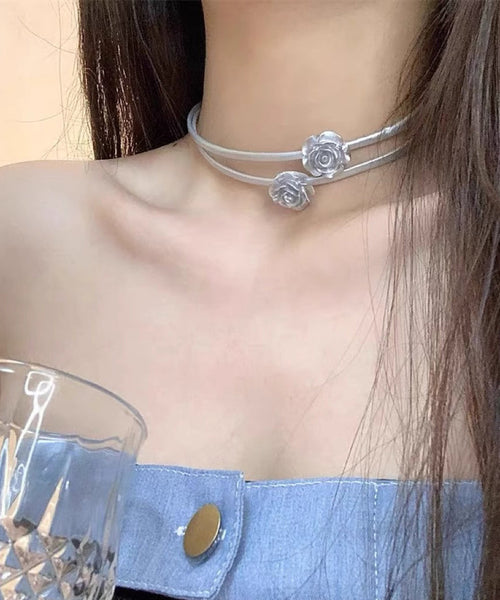 Unique Silk Sterling Silver Rose Bilayer Choker PO060 JEW-NLC240729