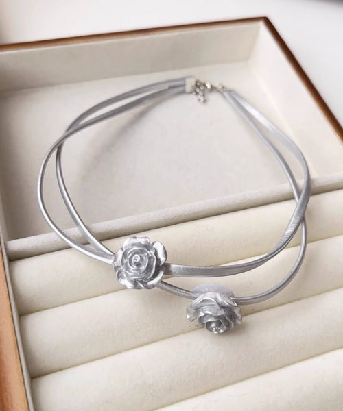 Unique Silk Sterling Silver Rose Bilayer Choker PO060 JEW-NLC240729