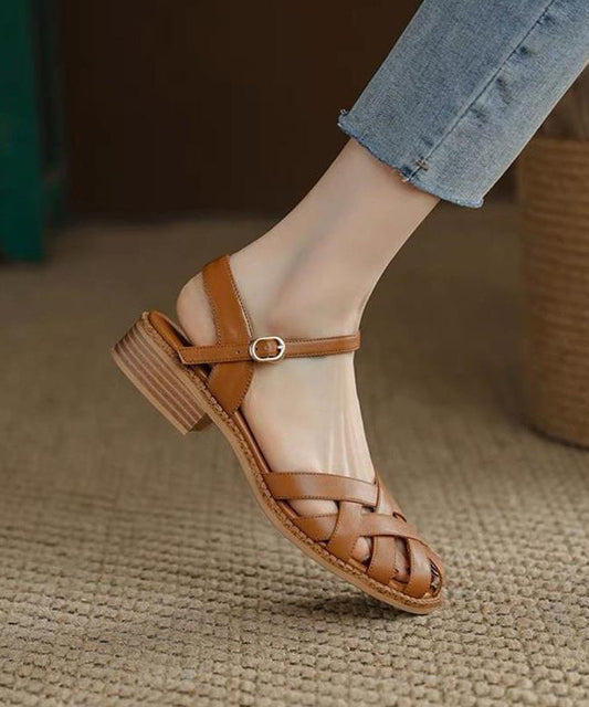 Unique Splicing Chunky Sandals Brown Faux Leather Hollow Out OI040 shoe-LX240801