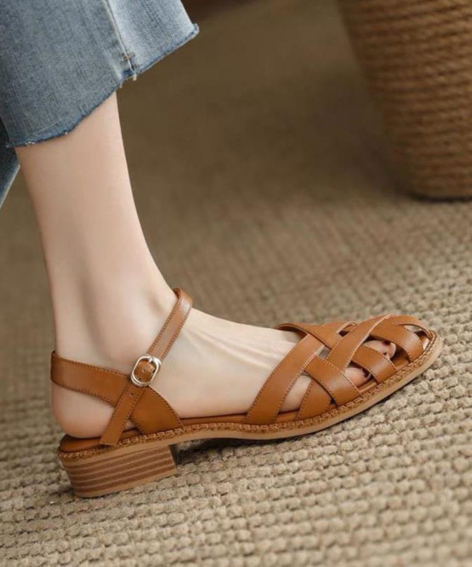 Unique Splicing Chunky Sandals Brown Faux Leather Hollow Out OI040 shoe-LX240801