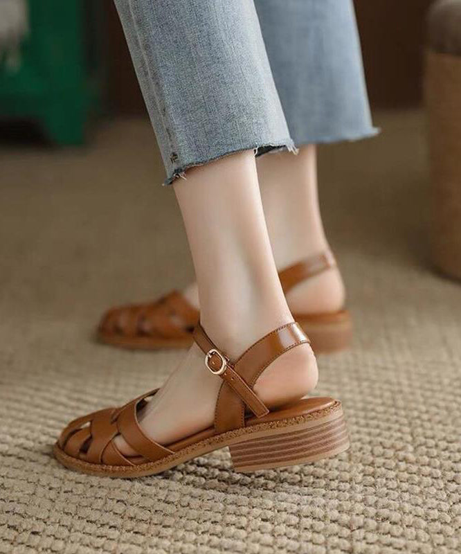 Unique Splicing Chunky Sandals Brown Faux Leather Hollow Out OI040 shoe-LX240801