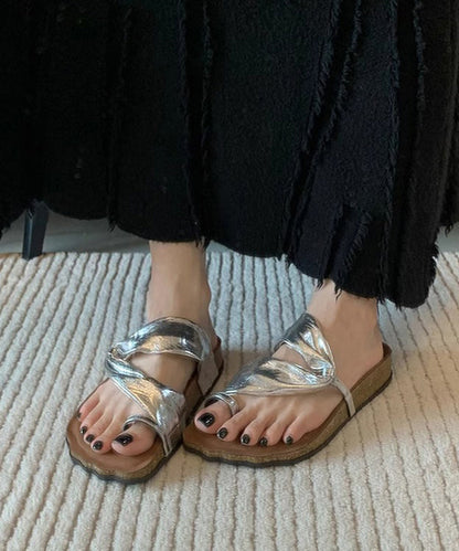 Unique Splicing Platform Flip Flops Silver Faux Leather QK042 shoe-JB241013