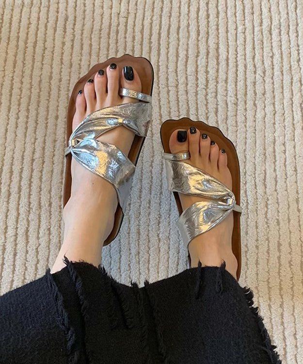 Unique Splicing Platform Flip Flops Silver Faux Leather QK042 shoe-JB241013