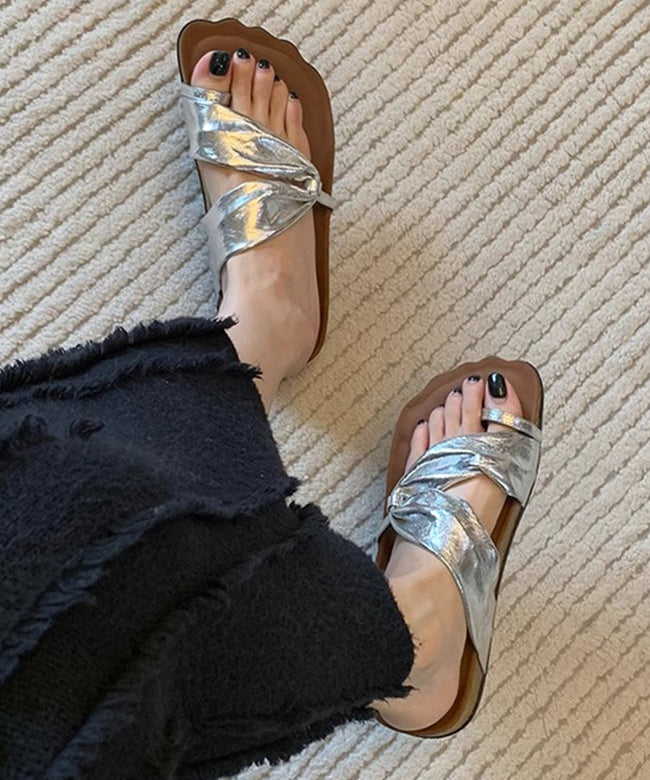 Unique Splicing Platform Flip Flops Silver Faux Leather QK042 shoe-JB241013