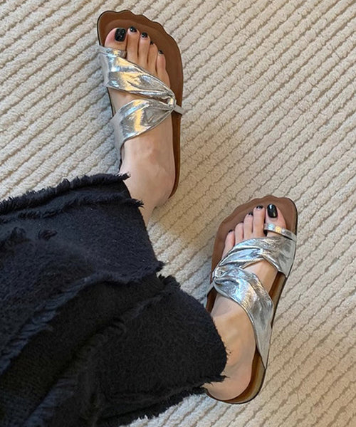 Unique Splicing Platform Flip Flops Silver Faux Leather QK042 shoe-JB241013